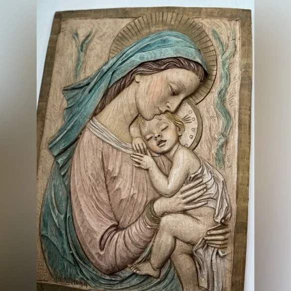 Vintage Bertagna Handpainted Religious Madonna Mary Jesus 18x13 Made In Italy - Picture 1 of 7